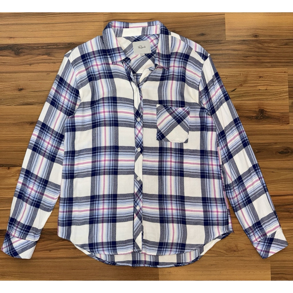 Rails Plaid Button Up Shirt Medium Rayon Coastal Preppy Soft Girl Blue Pink
